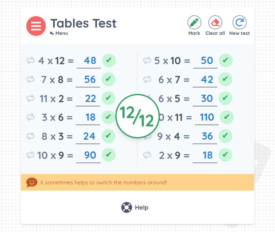 Free times tables quiz test